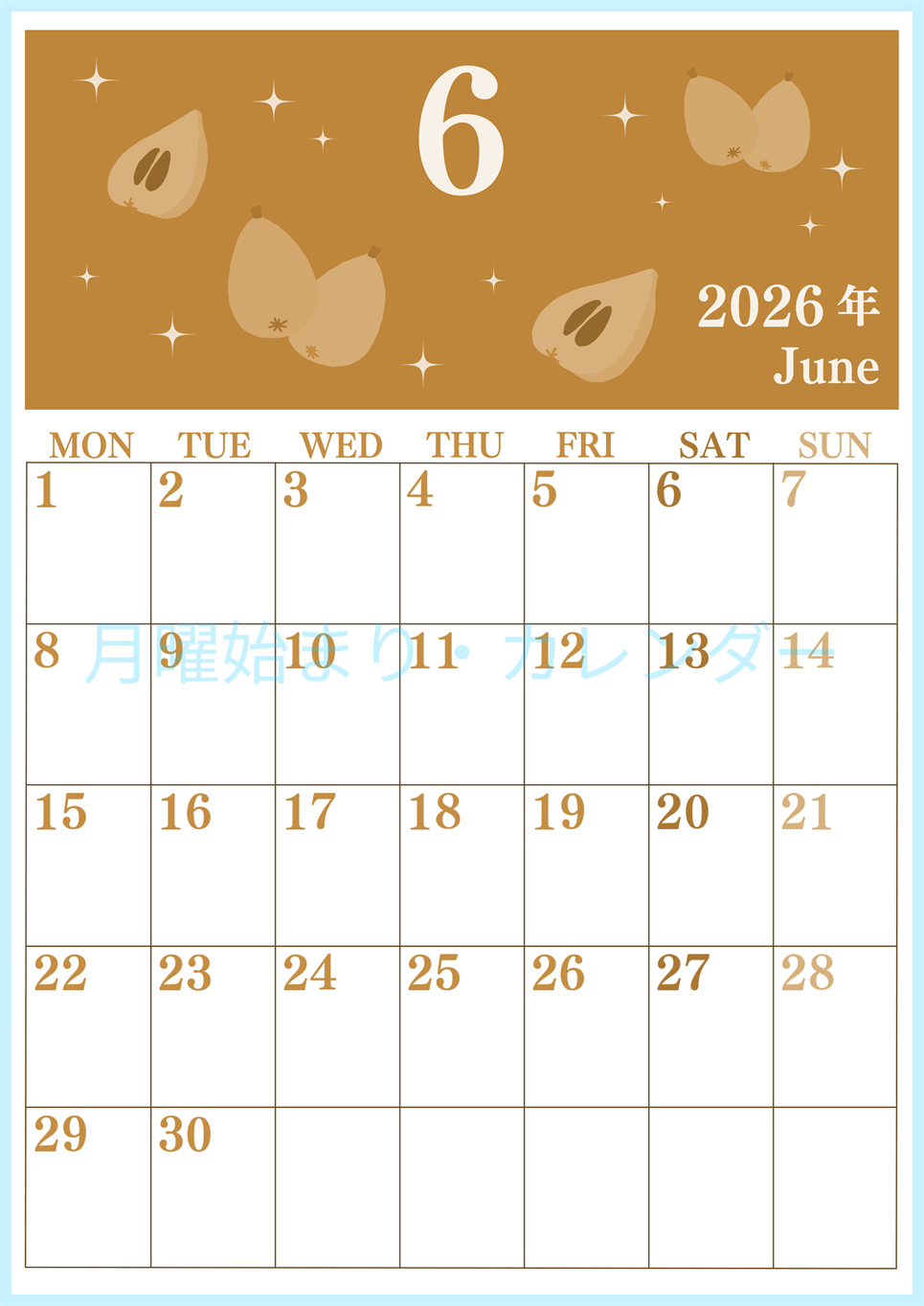 2026年6月縦型レトロな月曜始まり びわのイラストがかわいいA4無料セピア調カレンダー(2026-00700611)