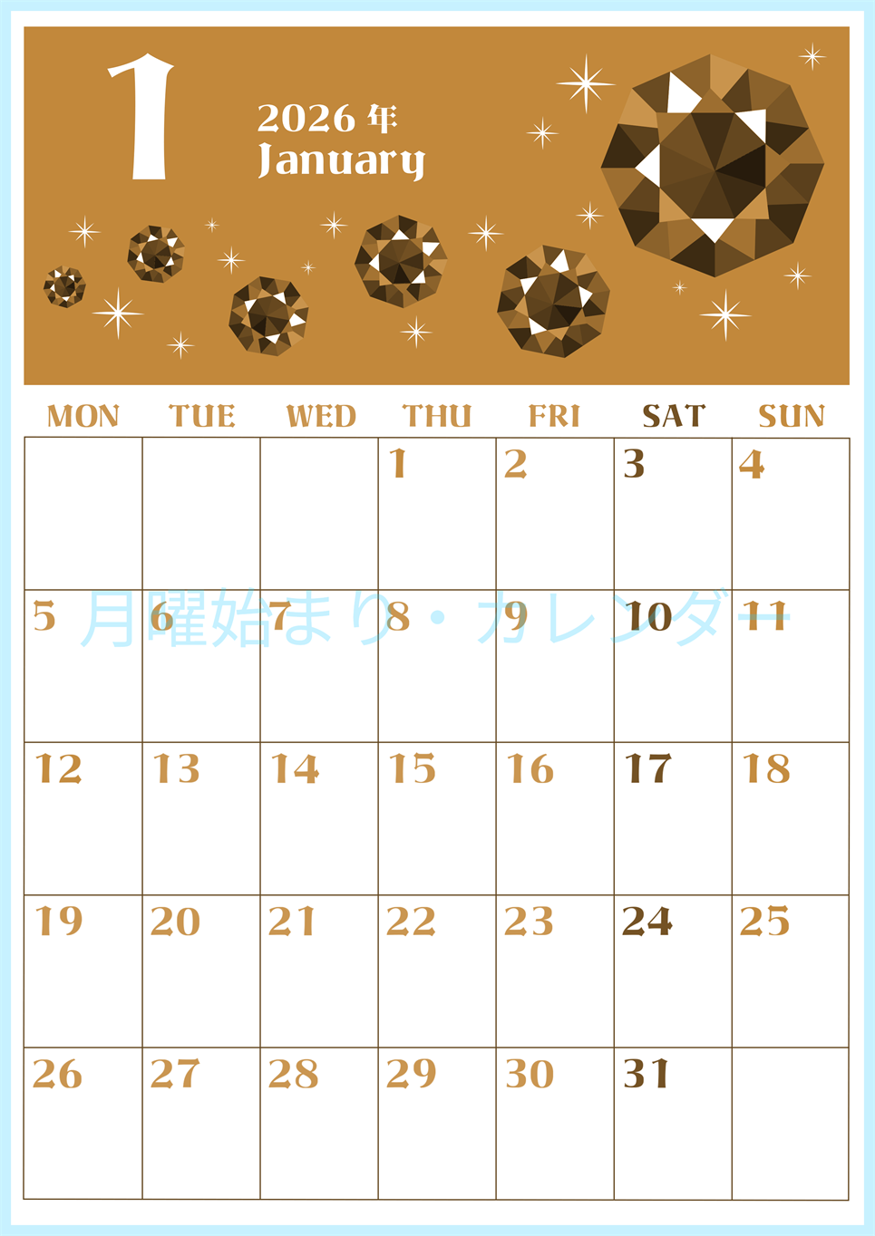 2026年1月縦型レトロな月曜始まり ルビーイラストのおしゃれA4無料セピア調カレンダー(2026-00720111)