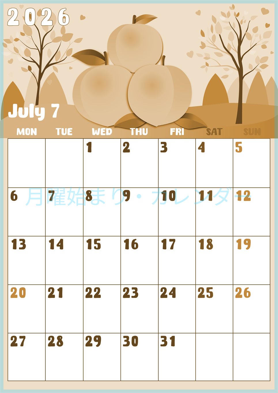 2026年7月縦型レトロな月曜始まり 桃イラストのかわいいA4無料セピア調カレンダー(2026-00740711)