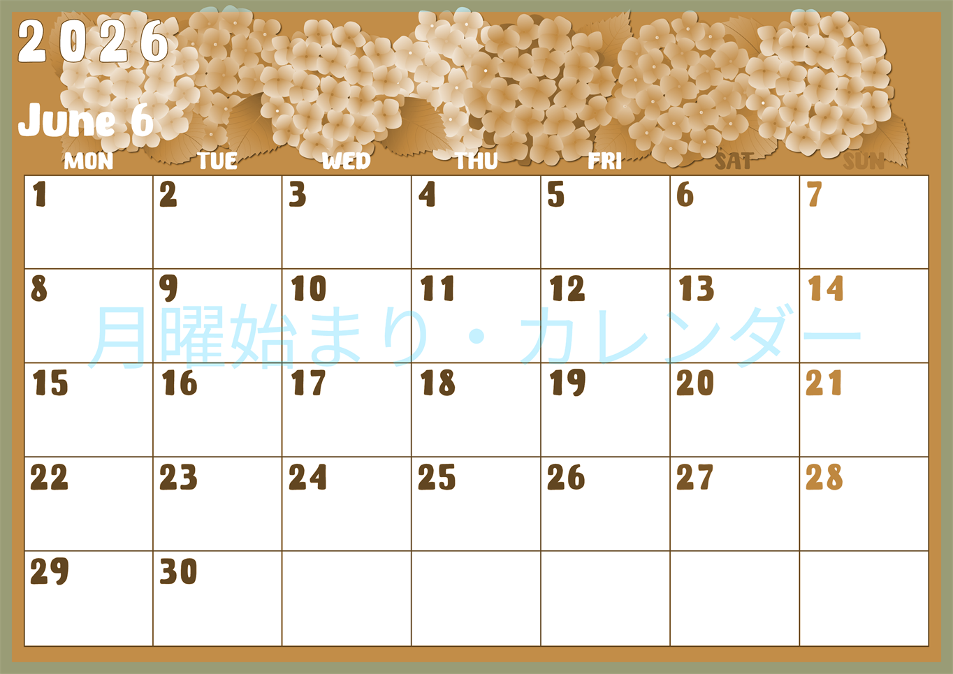 2026年6月横型レトロな月曜始まり アジサイイラストのかわいいA4無料セピア調カレンダー(2026-00740601)