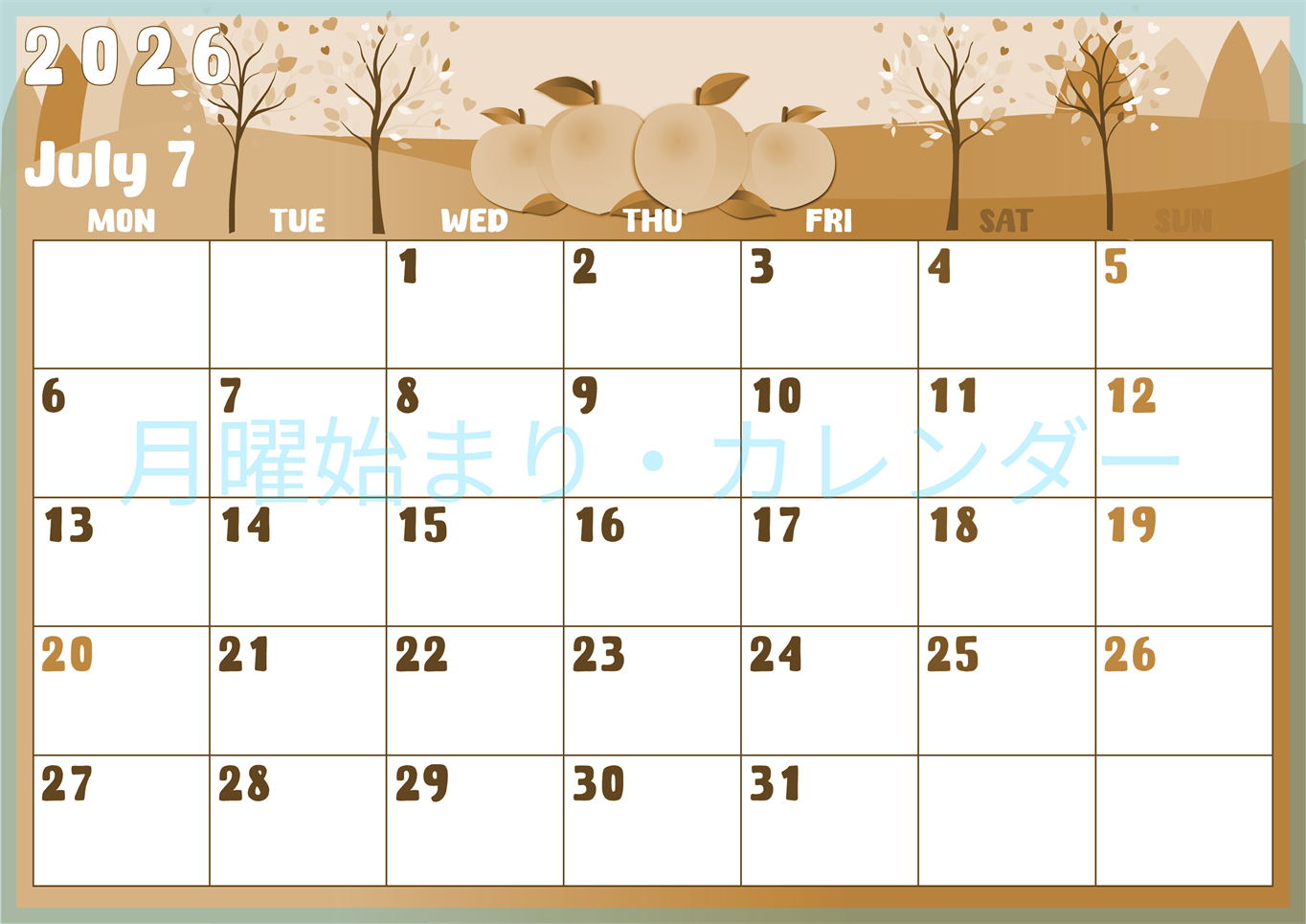 2026年7月横型レトロな月曜始まり 桃イラストのかわいいA4無料セピア調カレンダー(2026-00740701)