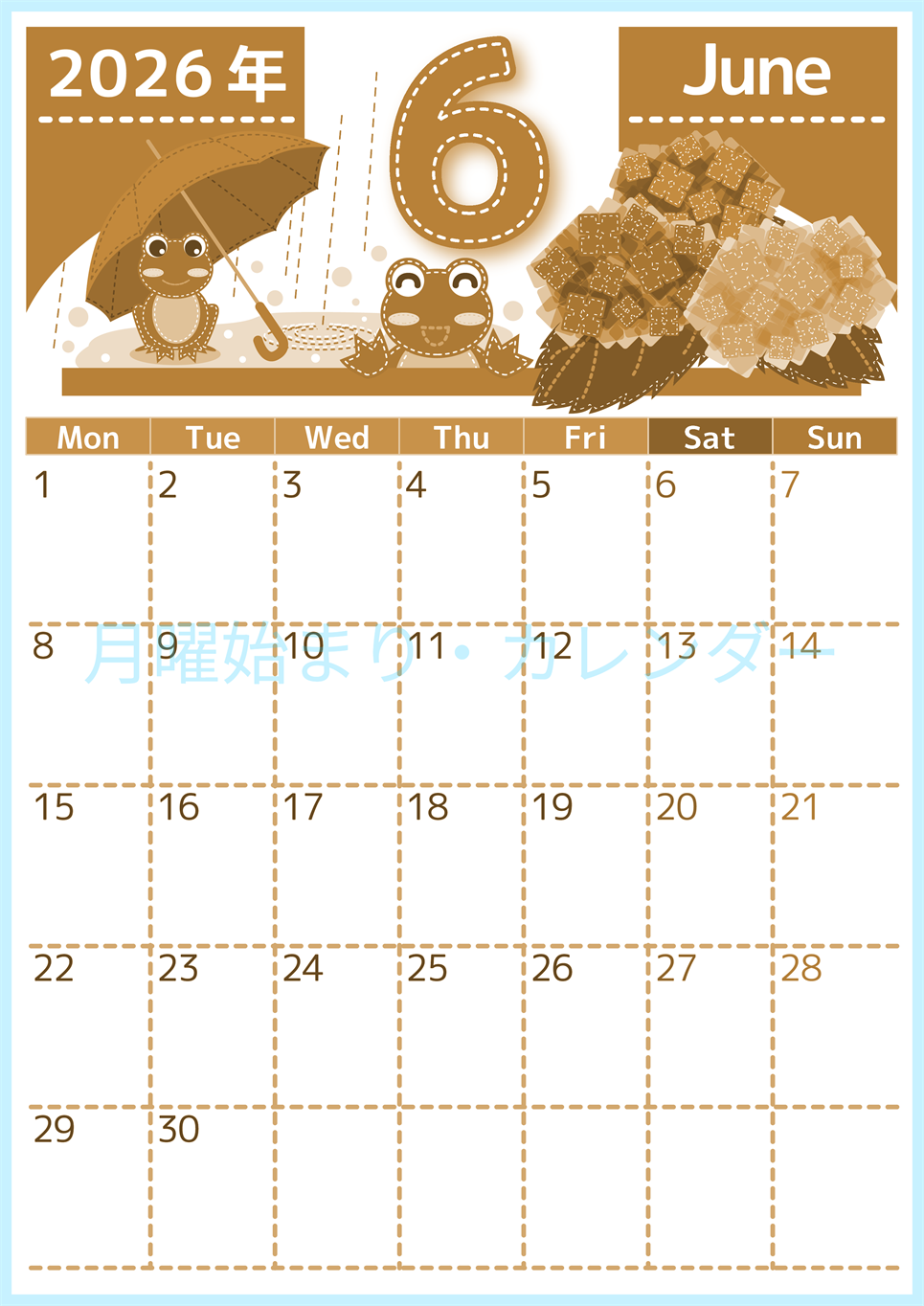 2026年6月縦型レトロな月曜始まり アマガエルイラストのかわいいA4無料セピア調カレンダー(2026-00750611)