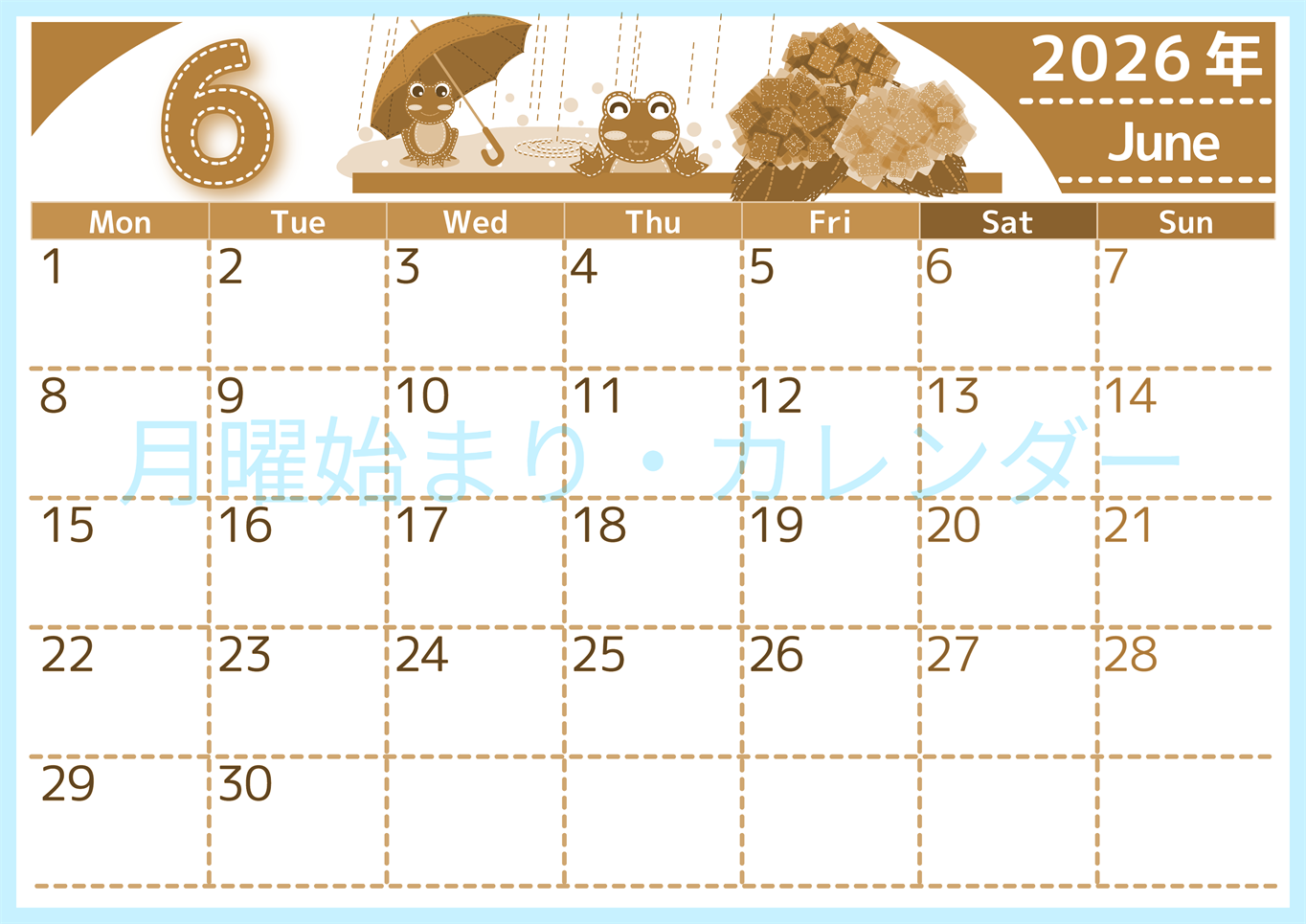 2026年6月横型レトロな月曜始まり アマガエルイラストのかわいいA4無料セピア調カレンダー(2026-00750601)