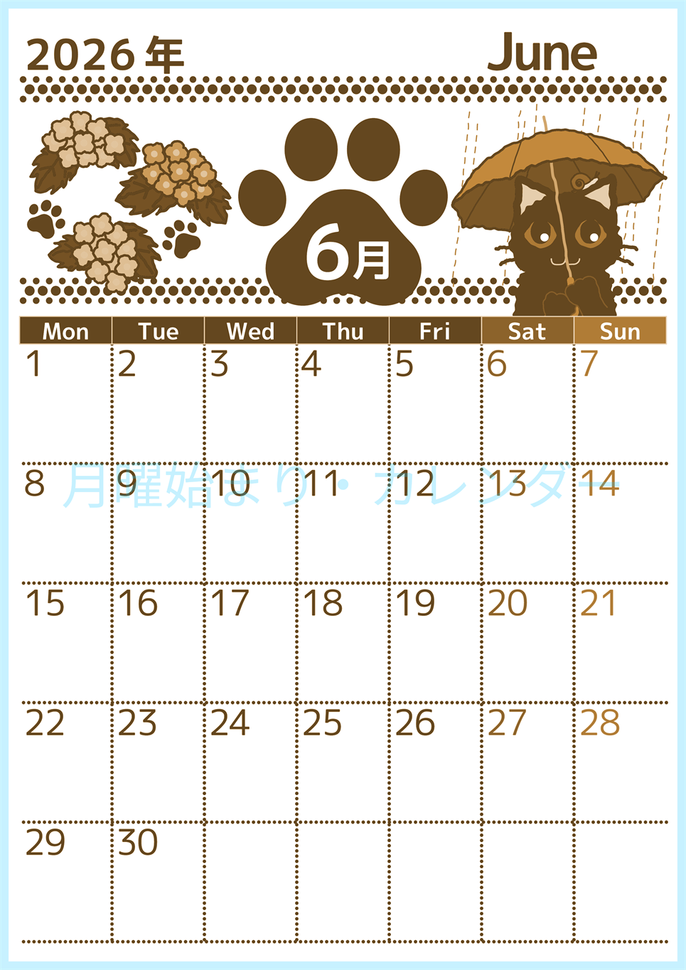 2026年6月縦型レトロな月曜始まり 猫イラストのかわいいA4無料セピア調カレンダー(2026-00780611)