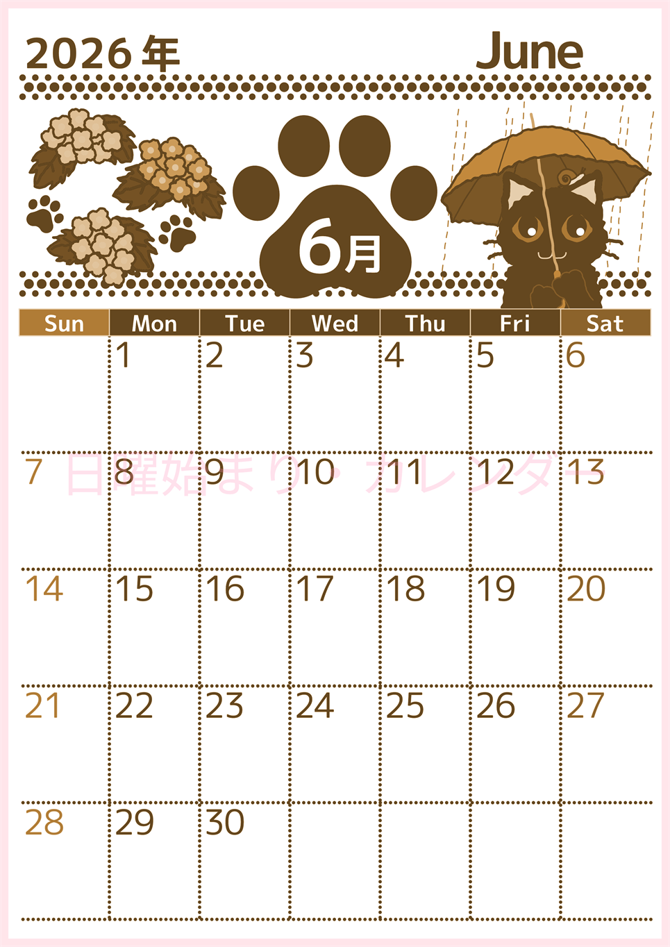 2026年6月縦型レトロな日曜始まり 猫イラストのかわいいA4無料セピア調カレンダー(2026-00780610)