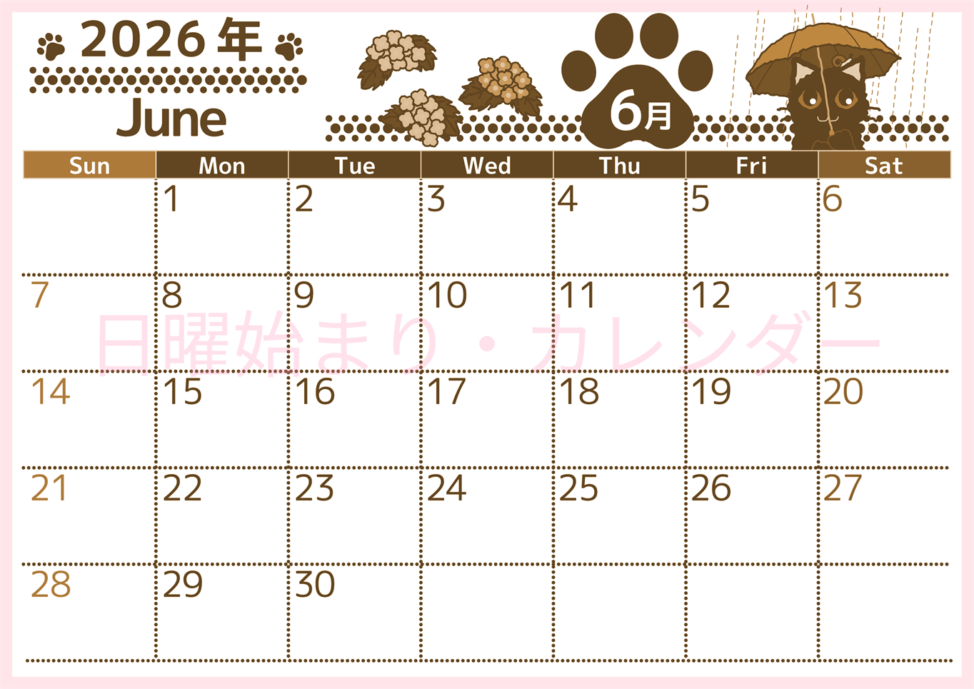2026年6月横型レトロな日曜始まり 猫イラストのかわいいA4無料セピア調カレンダー(2026-00780600)