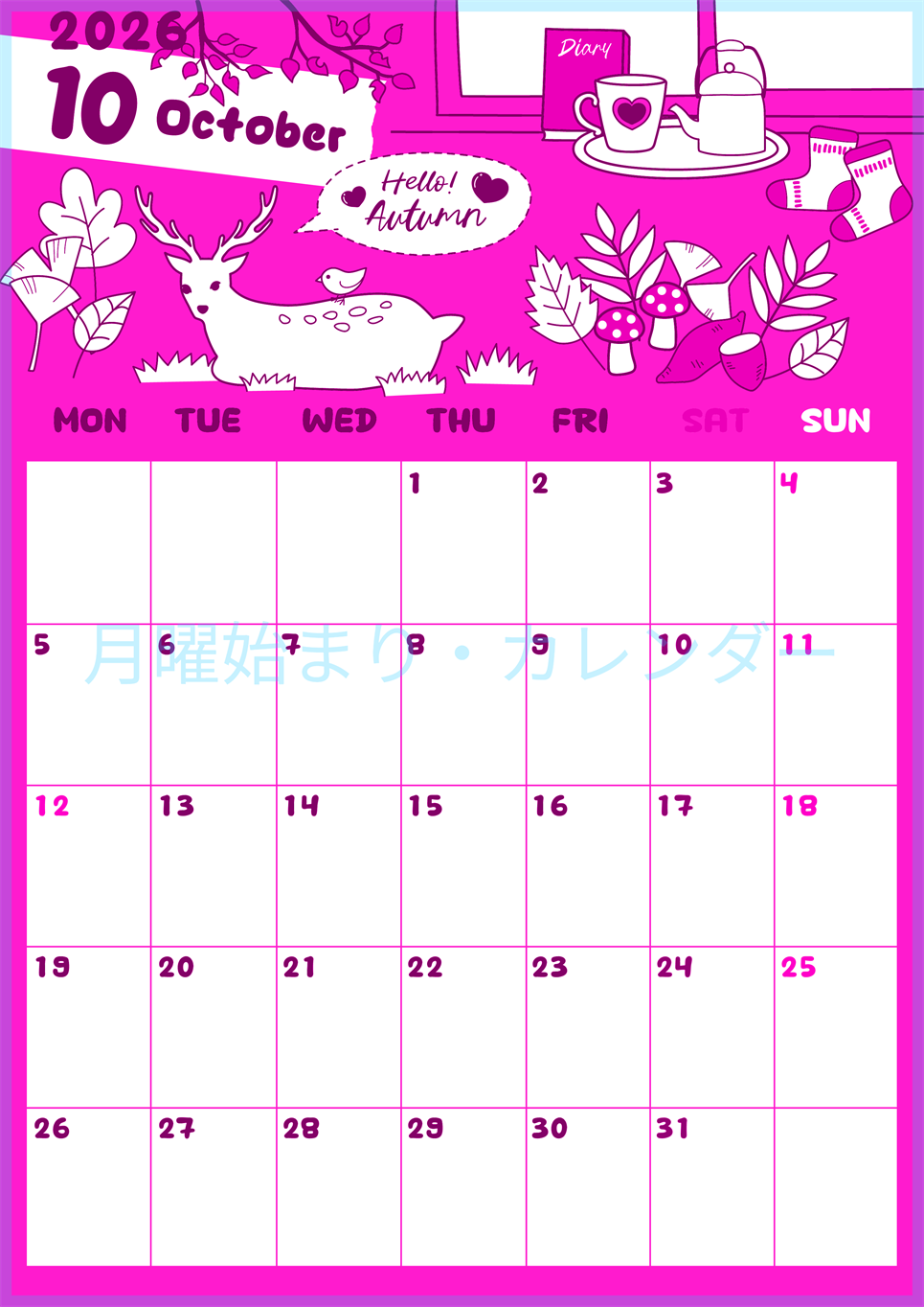 2026年10月縦型月曜始まり 鹿のイラストがかわいいA4無料ピンクのカレンダー(2026-00821011)