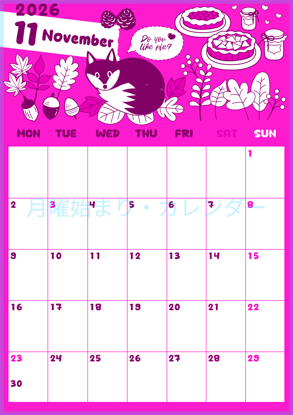 2026年11月縦型月曜始まり アップルパイのイラストがかわいいA4無料ピンクのカレンダー(2026-00821111)