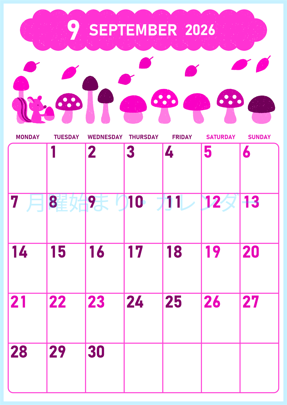 2026年9月縦型月曜始まり 秋の季節イラストがかわいいA4無料ピンクのカレンダー(2026-00830911)