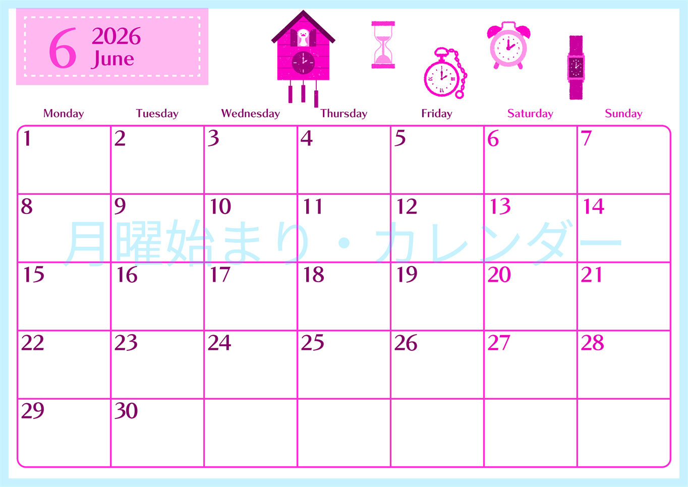 2026年6月横型月曜始まり 時計イラストのおしゃれA4無料ピンクのカレンダー(2026-00840601)