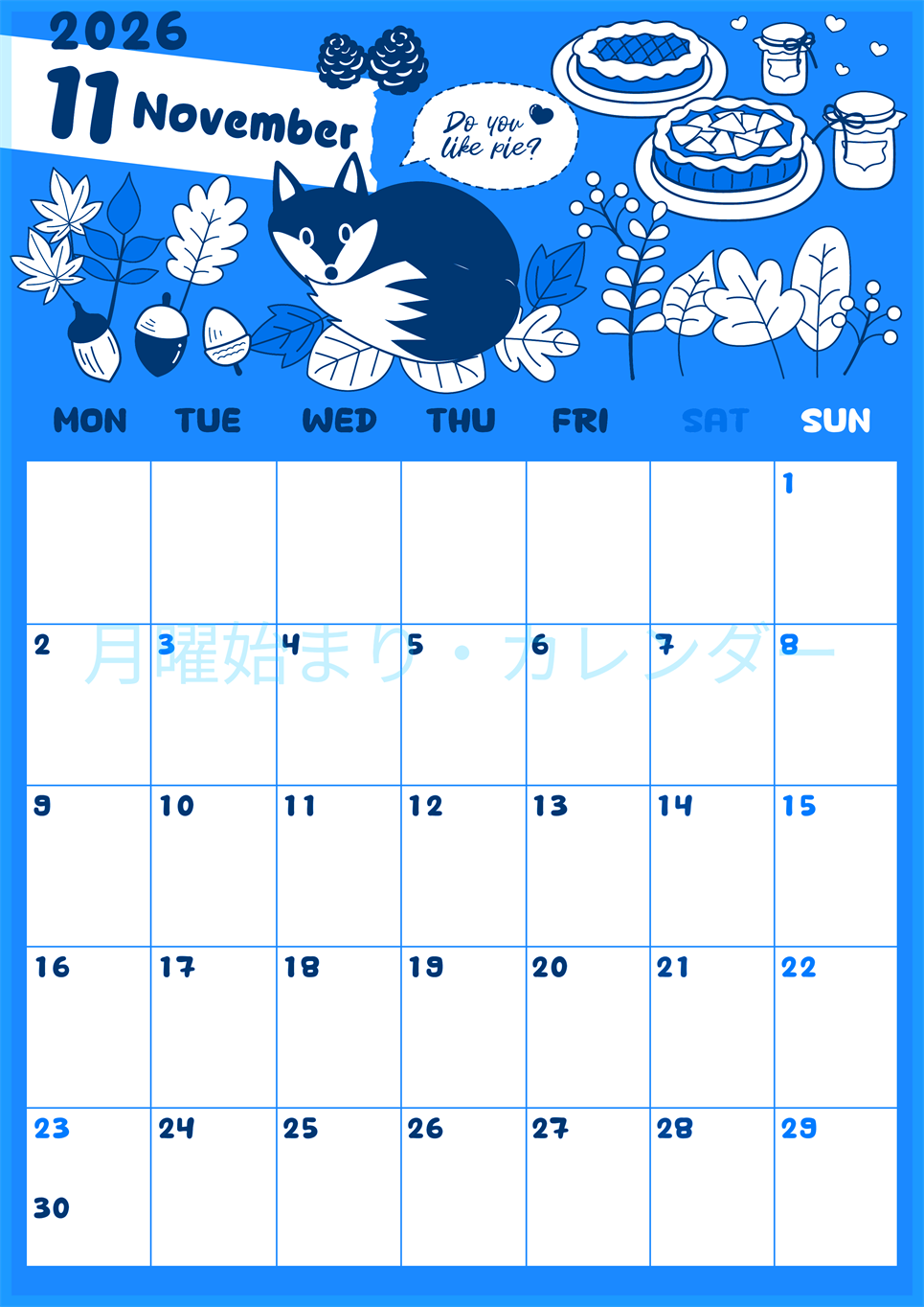2026年11月縦型月曜始まり アップルパイのイラストがかわいいA4無料ブルーのカレンダー(2026-00881111)