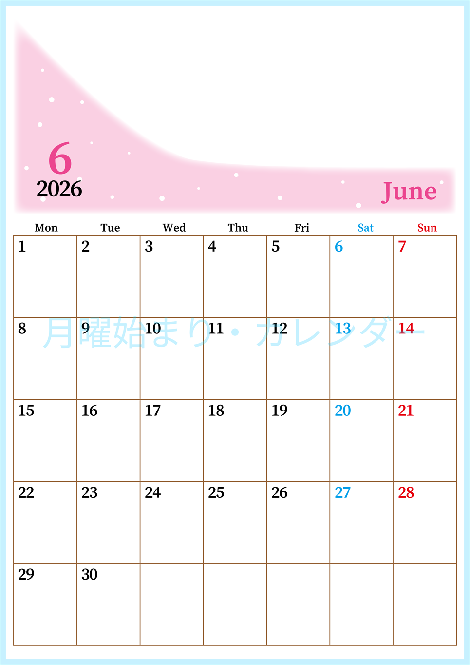 2026年6月縦型月曜始まり 大きい文字が見やすく書き込みも楽なA4無料シンプルカレンダー(2026-01120611)