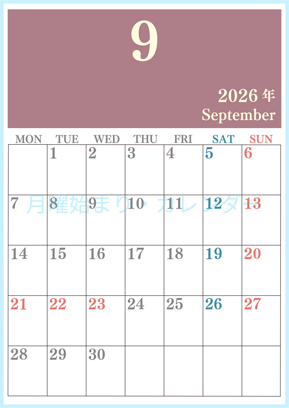 2026年9月縦型月曜始まり 大きい文字が見やすく書き込みも楽なA4無料シンプルカレンダー(2026-01140911)