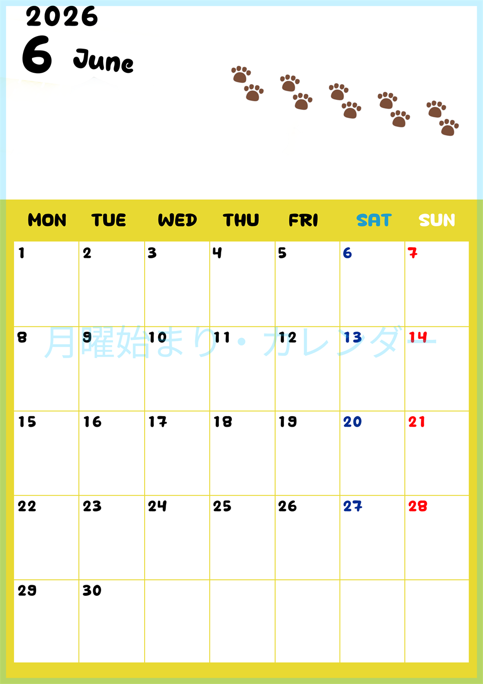 2026年6月カレンダーは縦型月曜始まりで無料！ねこのベージュぷにぷに肉球イラストがほっこりかわいい！(2026-01240611)