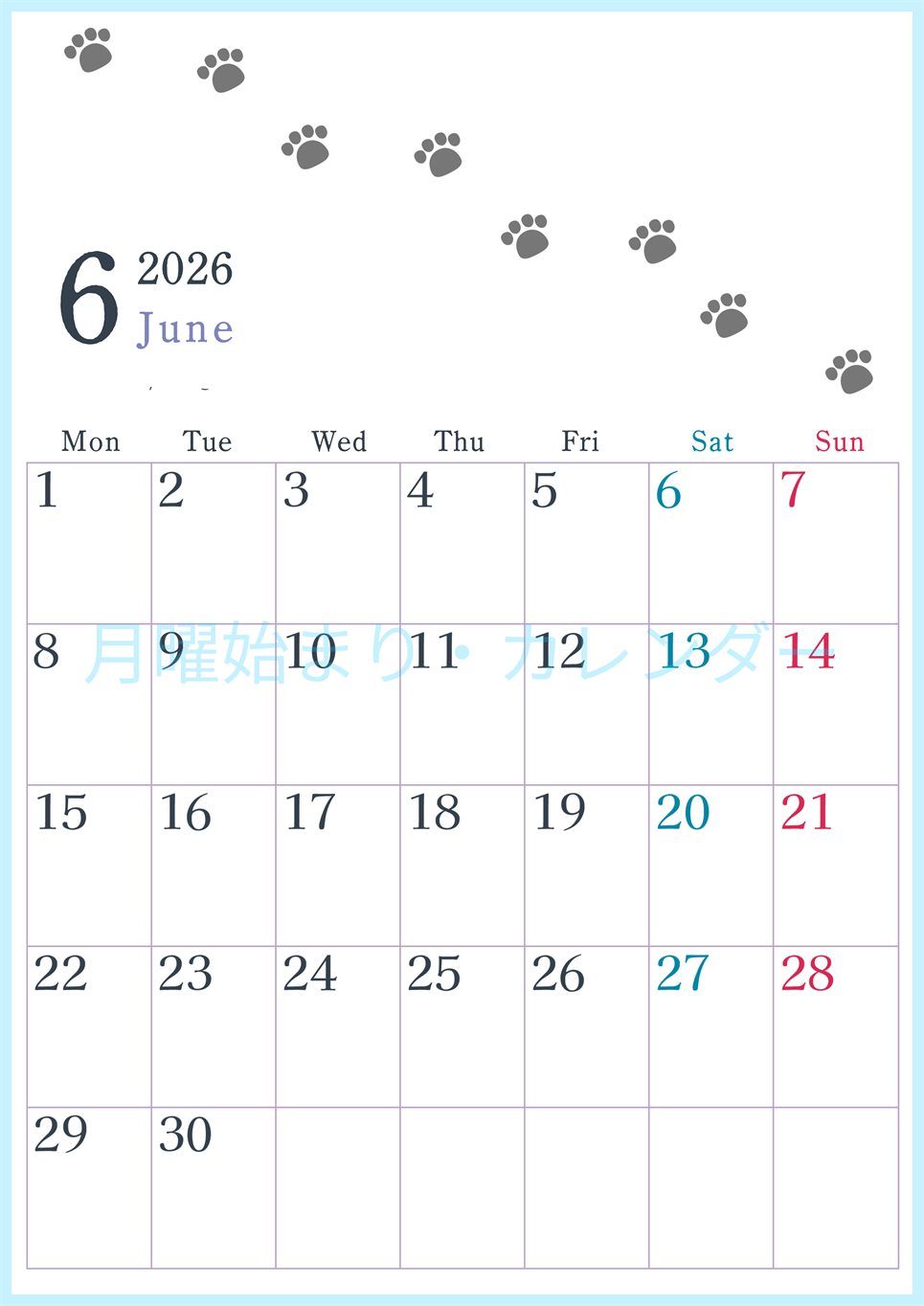 2026年6月カレンダーは縦型月曜始まりで猫が自由気ままに歩き回った足あとがかわいい♪ダウンロード無料♪(2026-01260611)
