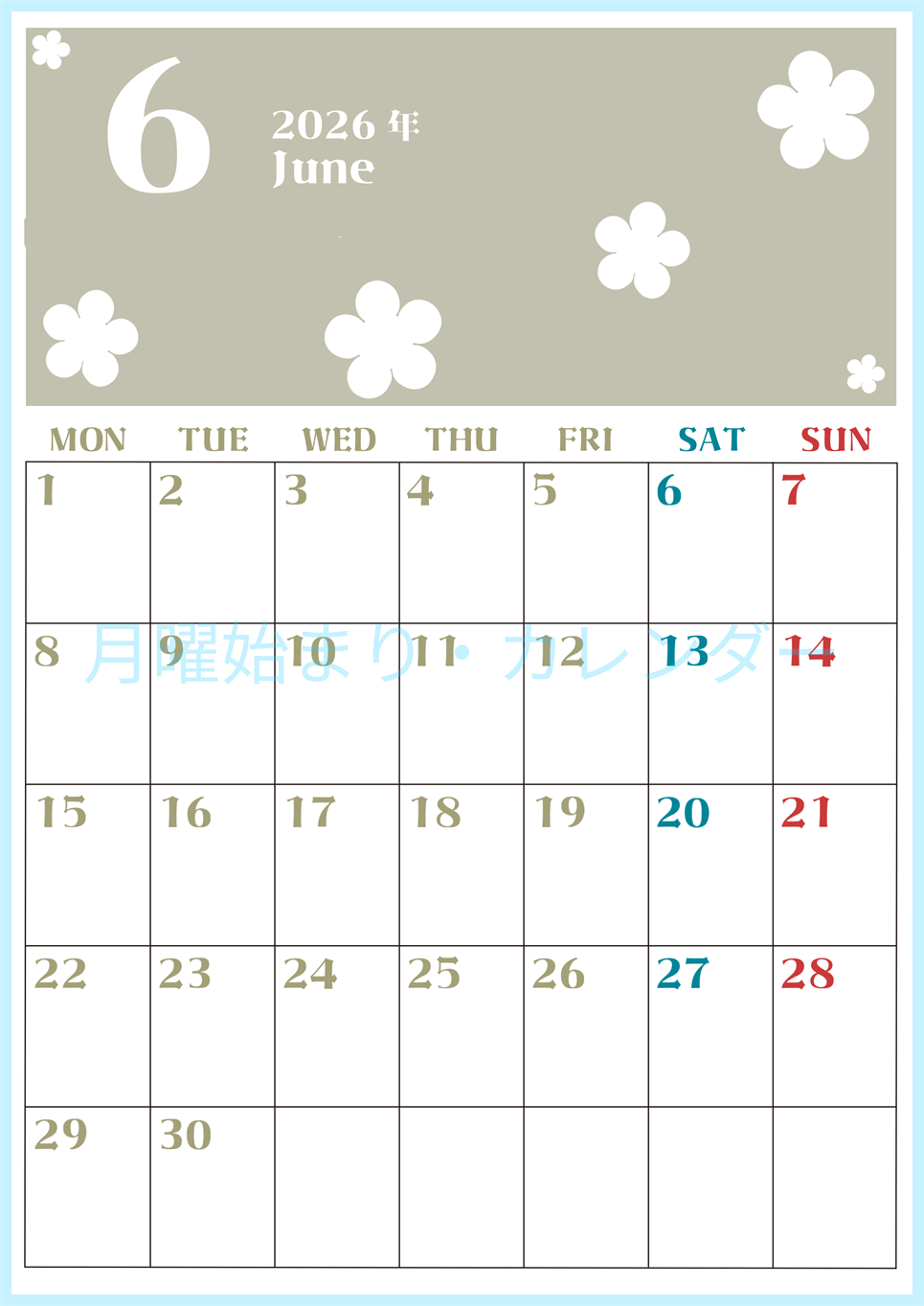 2026年6月カレンダーは縦型月曜始まりでフラワーシルエットが上品でおしゃれ（無料）(2026-01330611)