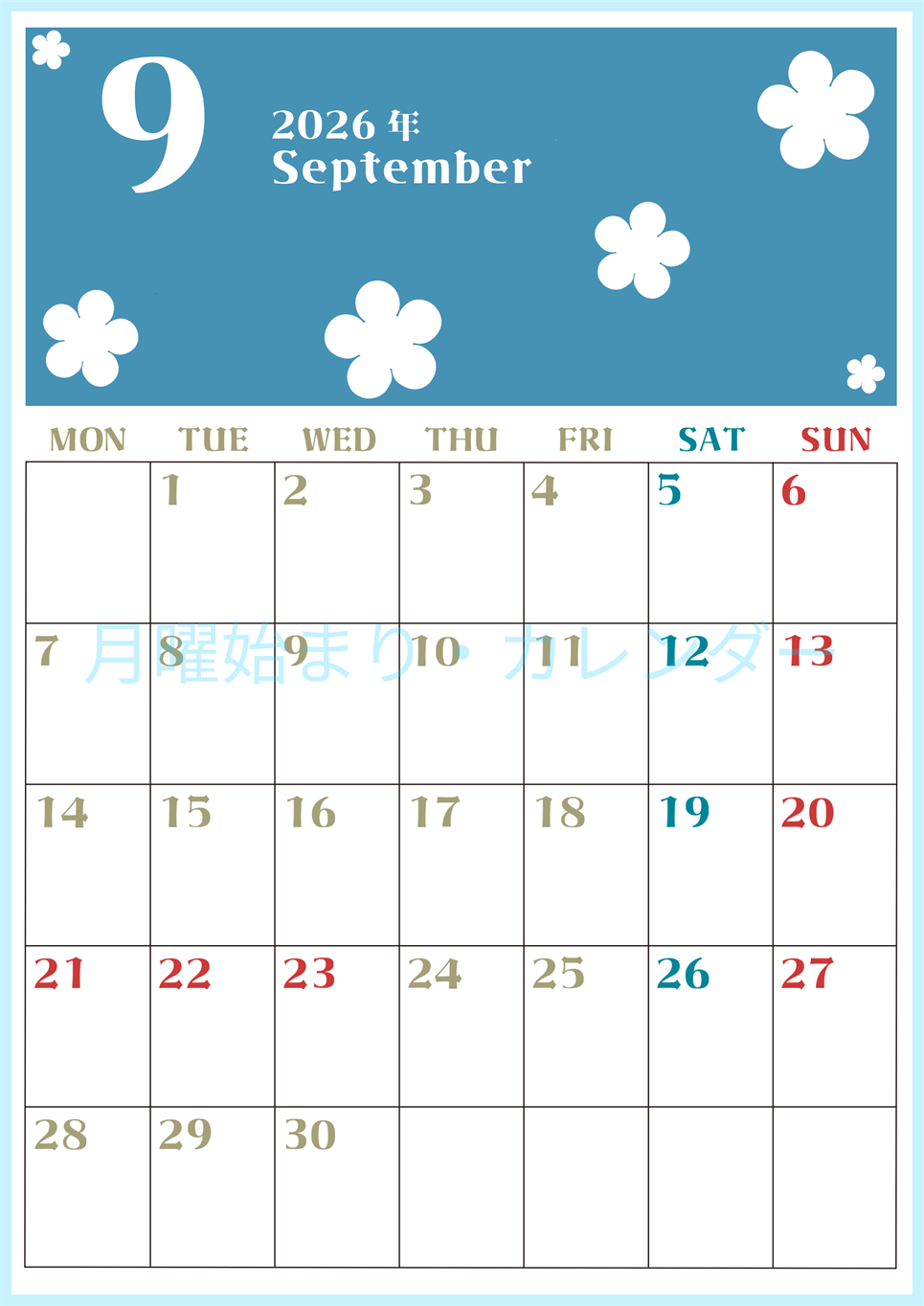 2026年9月カレンダーは縦型月曜始まりでフラワーシルエットが上品でおしゃれ（無料）(2026-01330911)