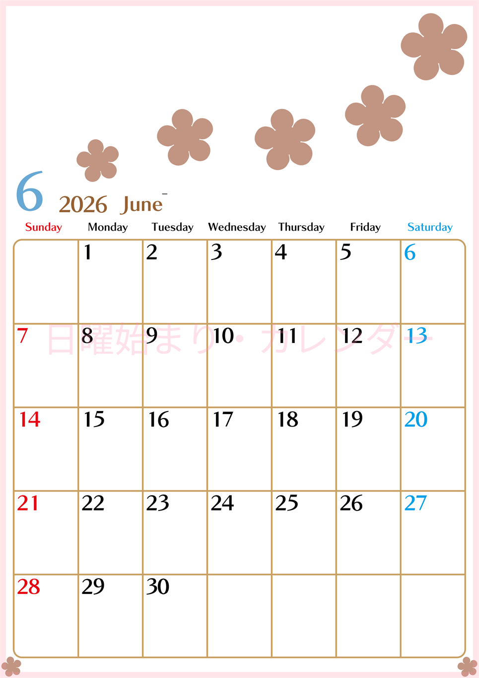 2026年6月カレンダーは縦型日曜始まりでベージュの花がおしゃれ：無料(2026-01340610)