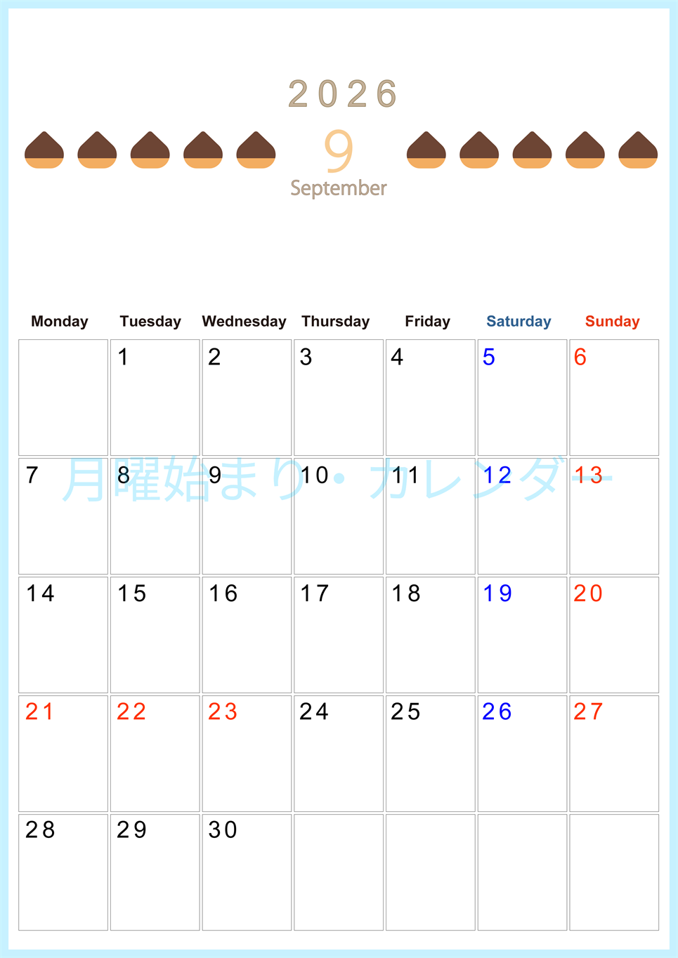 2026年9月カレンダーは縦型月曜始まりで旬のフルーツのイラストがおしゃれ：無料(2026-01350911)
