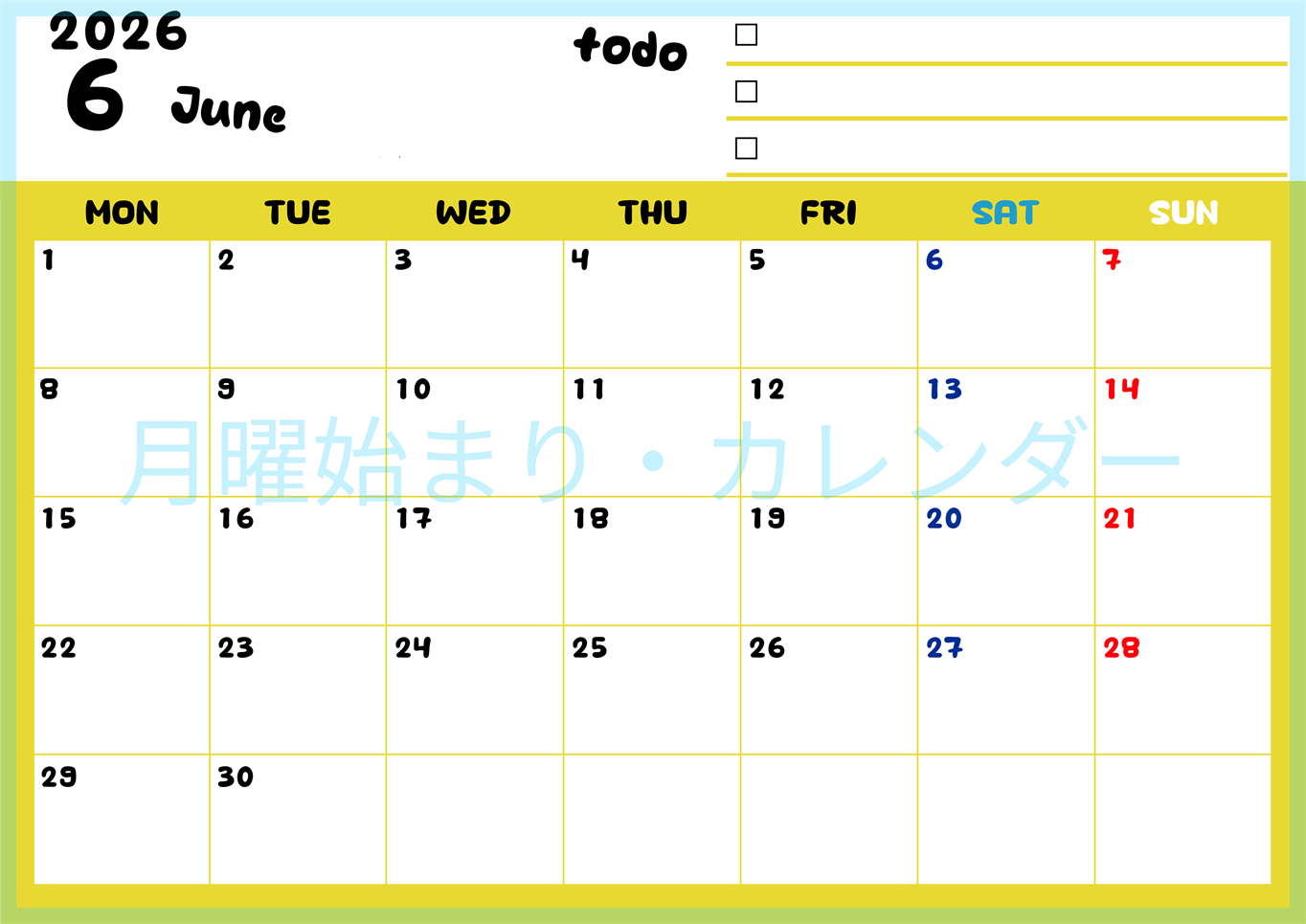 2026年6月カレンダーは横型月曜始まり♪黄色がメインカラーで継続して使いやすいToDoリストつき♪(2026-01400601)