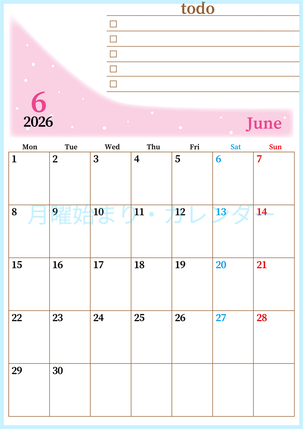 2026年6月カレンダーは縦型月曜始まりでToDoリストつき！毎月色違いで継続の習慣化が簡単！ダウンロード無料(2026-01410611)