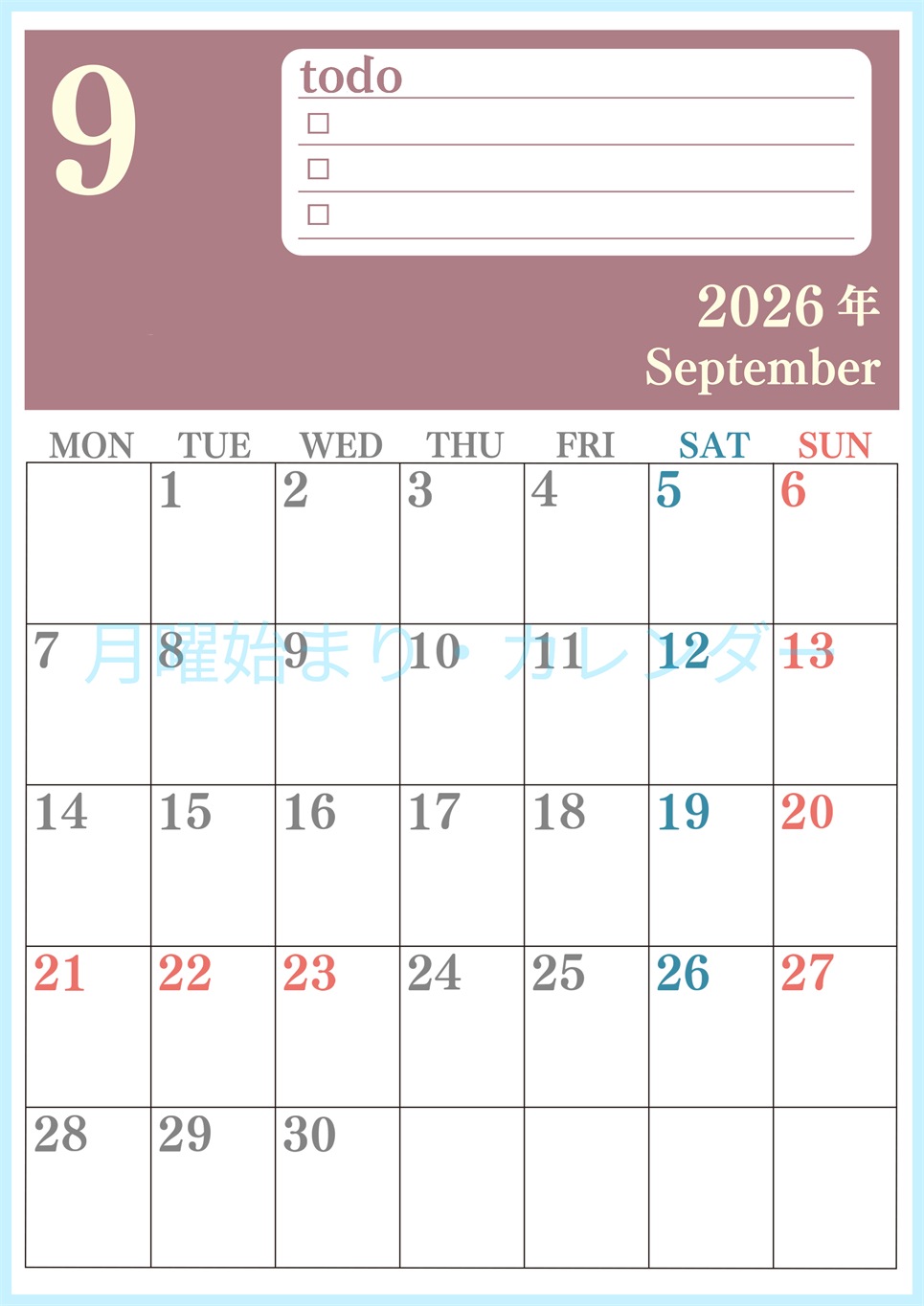 2026年9月カレンダーは縦型月曜始まり！シンプルなToDoリストで勉強効率UP！無料／A4印刷(2026-01430911)