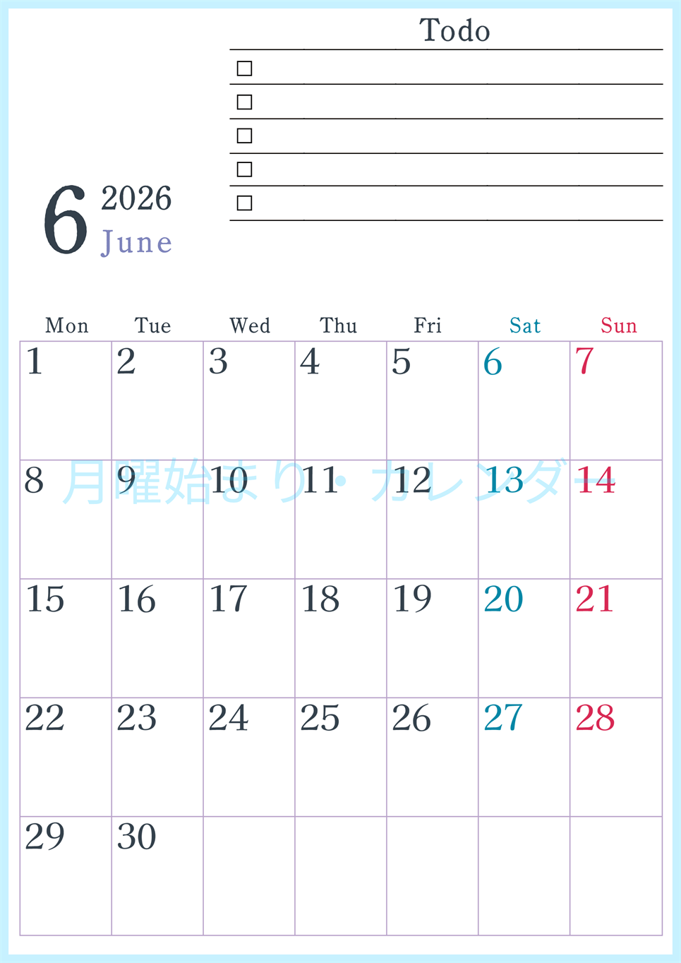 2026年6月カレンダーは縦型月曜始まりで使い方はシンプルなToDoリストつき♪無料ダウンロード・A4印刷(2026-01440611)