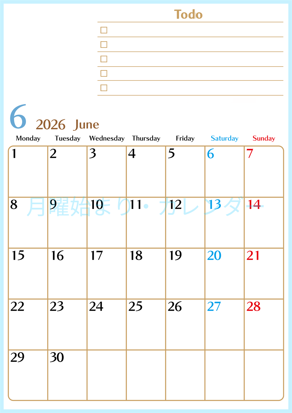 2026年6月カレンダーは縦型月曜始まりでToDoリストもあるのでスケジュール計画がしやすい：無料(2026-01460611)