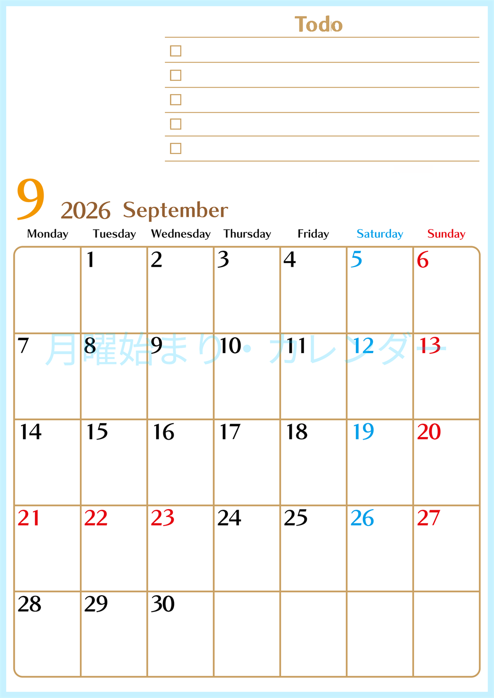 2026年9月カレンダーは縦型月曜始まりでToDoリストもあるのでスケジュール計画がしやすい：無料(2026-01460911)