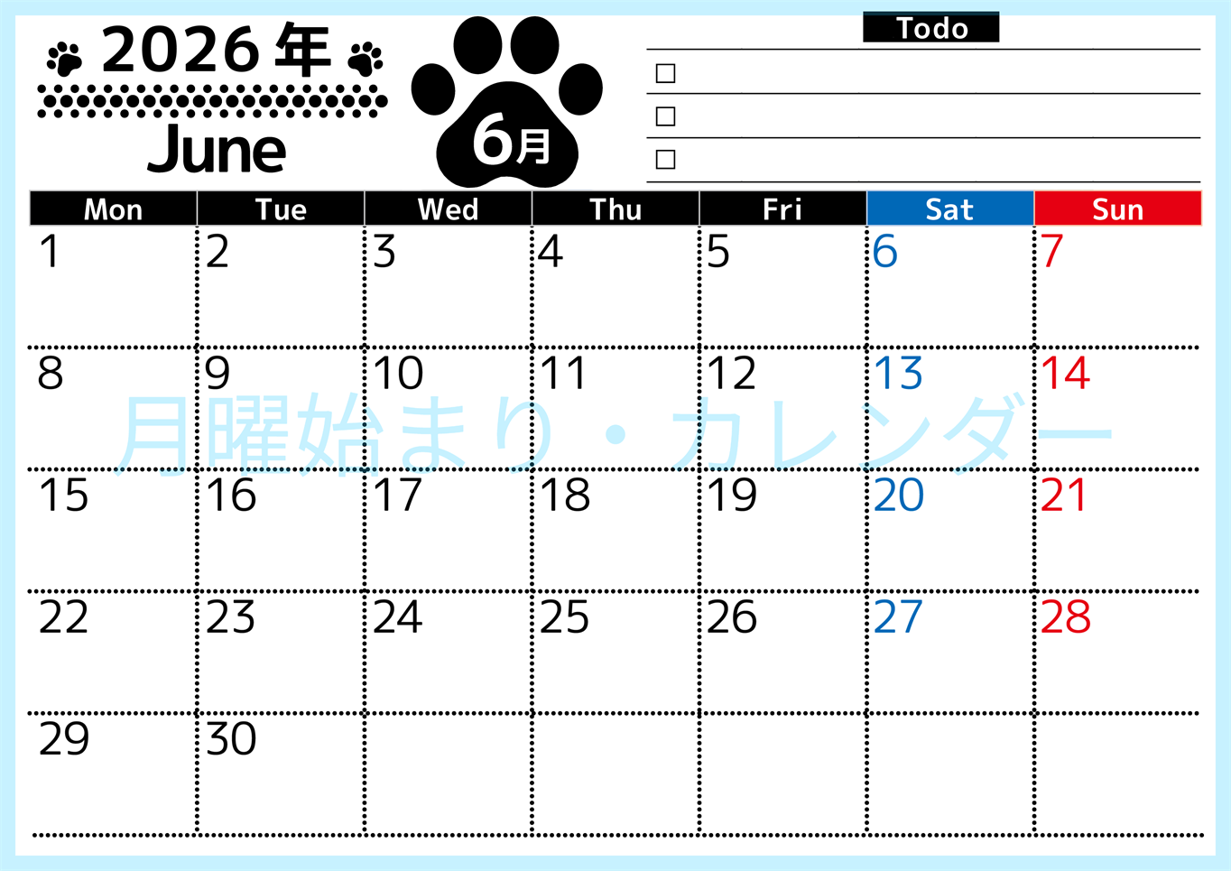 2026年6月カレンダーは横型月曜始まりのToDoリスト付無料素材♪資格や受験勉強の計画におすすめ♪(2026-01500601)