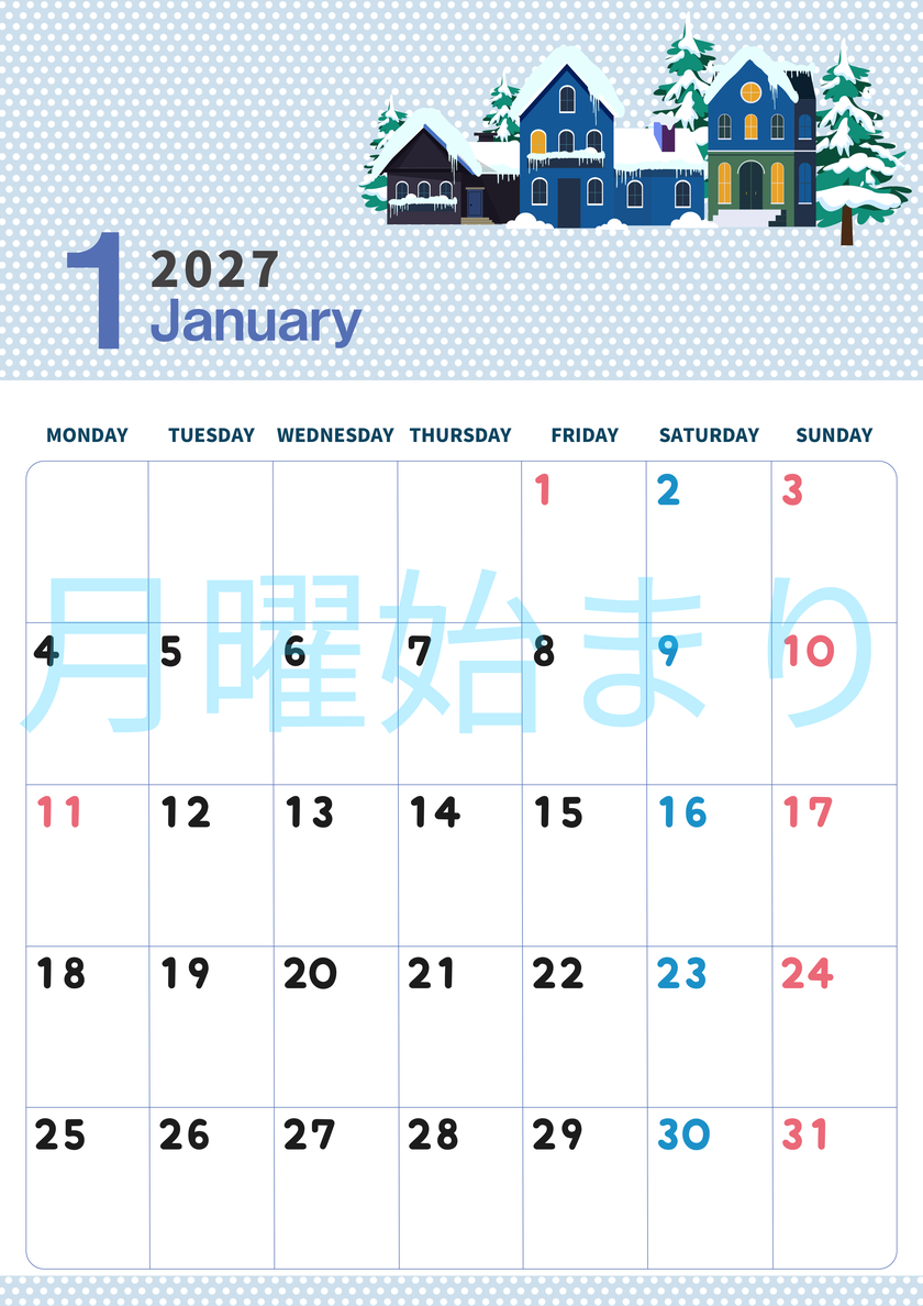 2027年1月縦型の月曜始まり 雪とドットのイラストおしゃれA4無料カレンダー