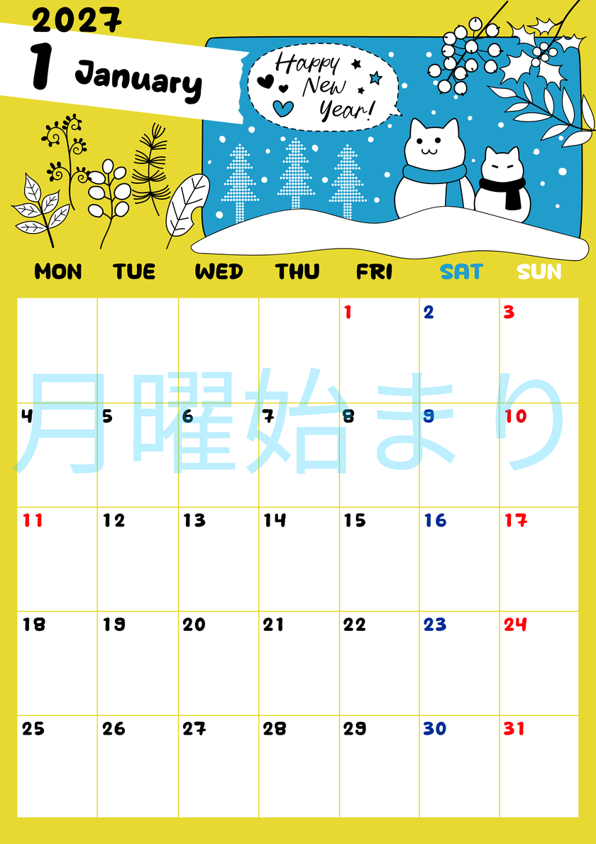 2027年1月縦型の月曜始まり ポップな雪イラストのかわいいA4無料カレンダー