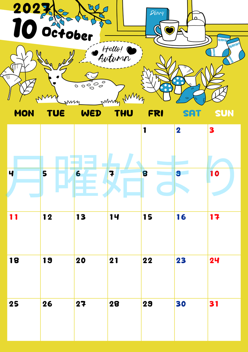 2027年10月縦型の月曜始まり 鹿のイラストがかわいいA4無料カレンダー