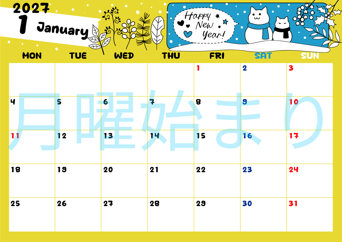 2027年1月横型の月曜始まり 雪と猫イラストのかわいいA4無料カレンダー