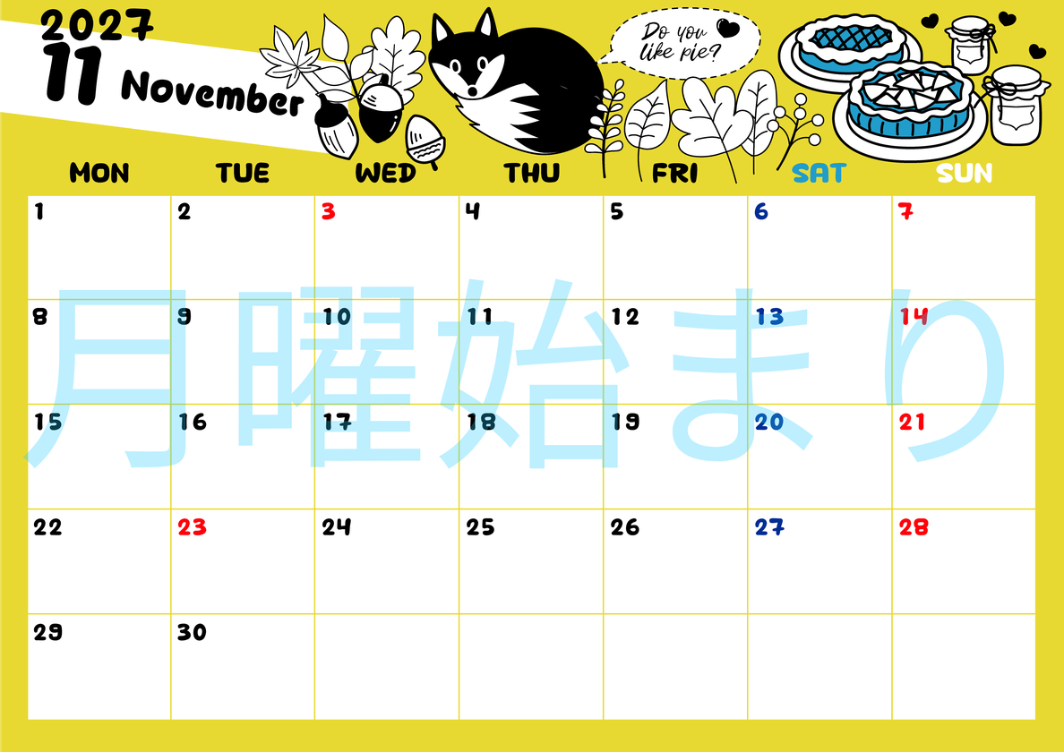 2027年11月横型の月曜始まり アップルパイのイラストがかわいいA4無料カレンダー