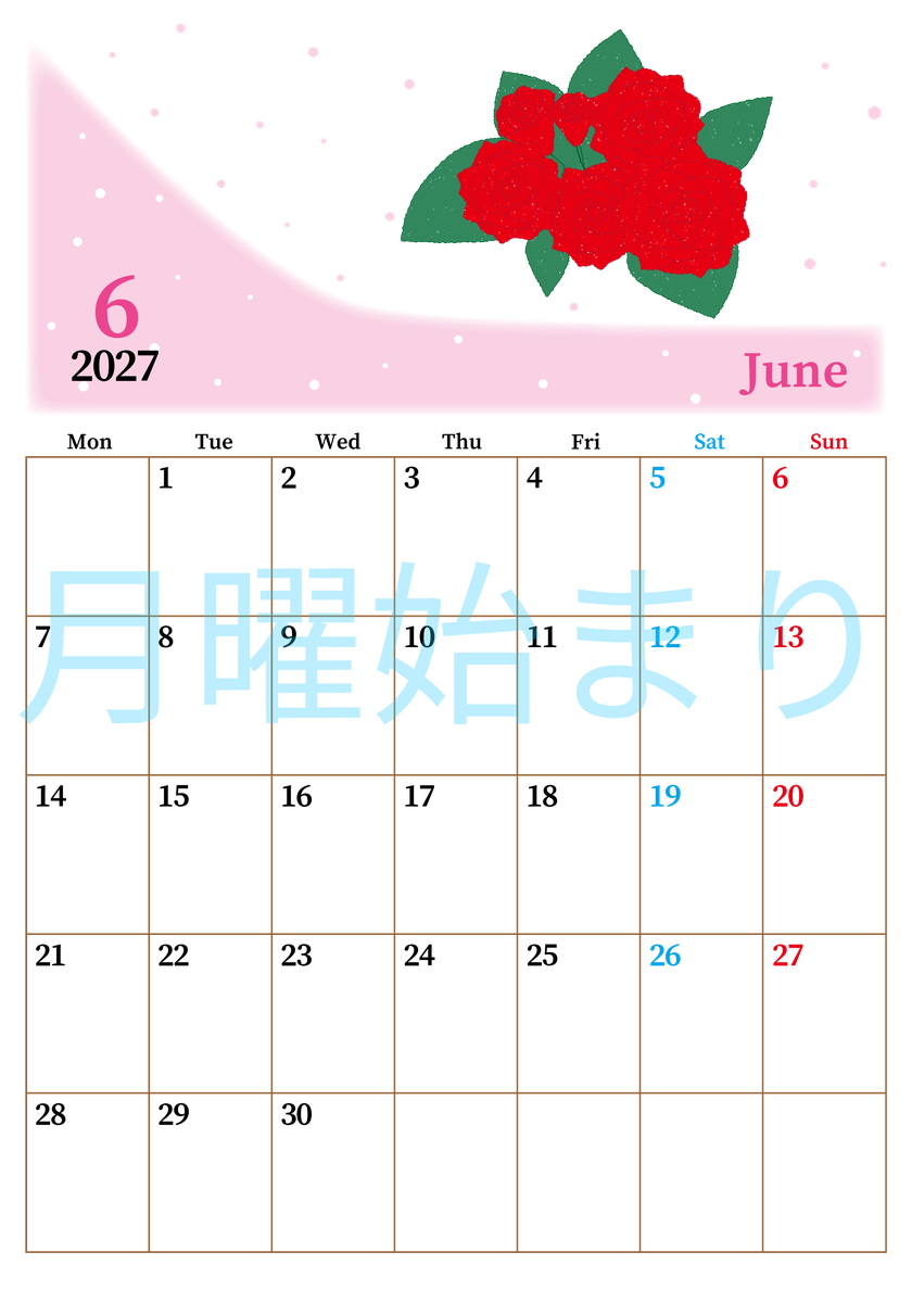 2027年6月縦型の月曜始まり 薔薇イラストのおしゃれA4無料カレンダー