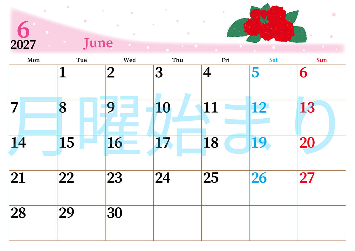 2027年6月横型の月曜始まり 薔薇イラストのおしゃれA4無料カレンダー