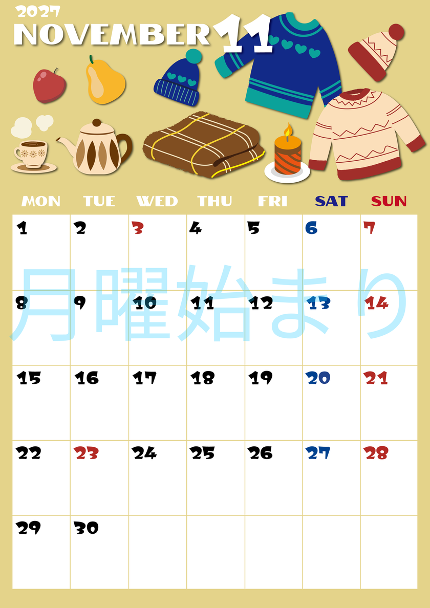 2027年11月縦型の月曜始まり セーターがかわいいイラストA4無料カレンダー