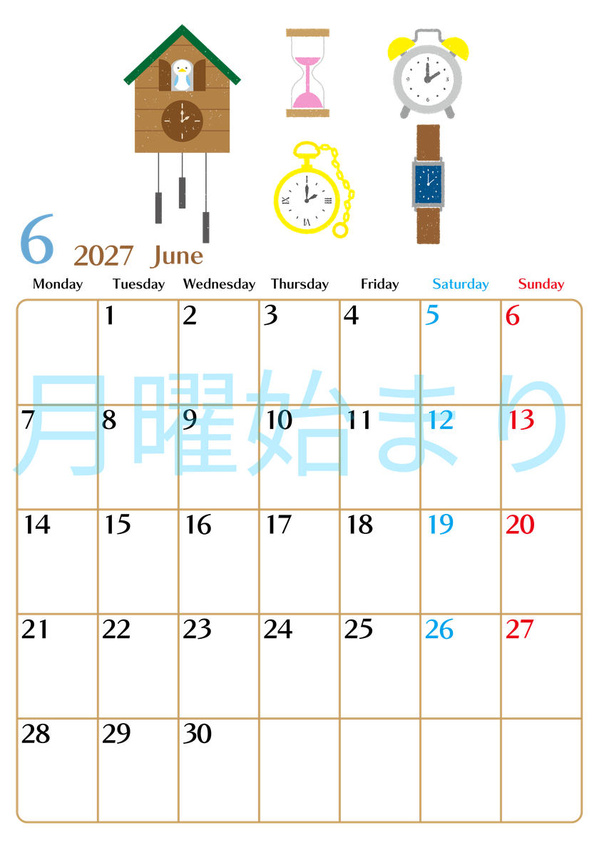 2027年6月縦型の月曜始まり 時計イラストのおしゃれA4無料カレンダー 【No.202700210611】
