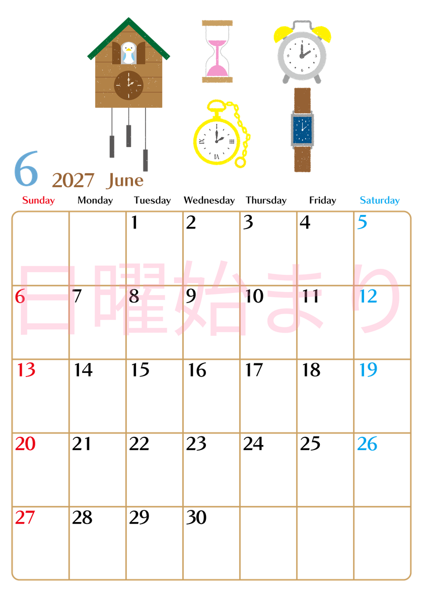 2027年6月縦型の日曜始まり 時計イラストのおしゃれA4無料カレンダー 【No.202700210610】