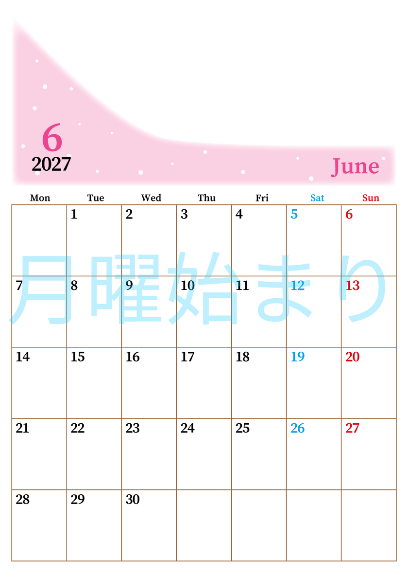 2027年6月縦型月曜始まり パステルカラーのシンプルで大きい文字が見やすく書き込みも楽な無料カレンダー 【No.202701120611】