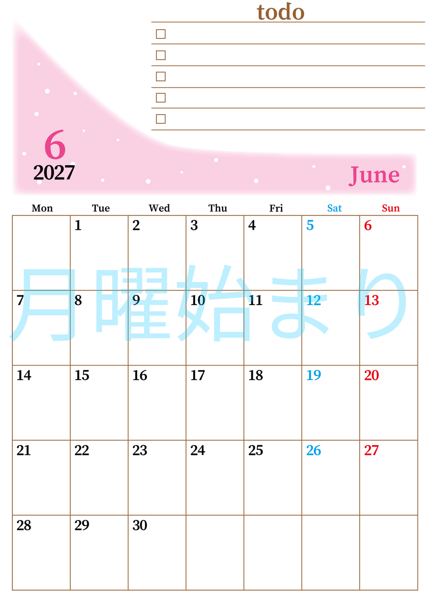 2027年6月カレンダーは縦型月曜始まりでToDoリストつき！毎月色違いで継続の習慣化が簡単！ダウンロード無料 【No.202701410611】