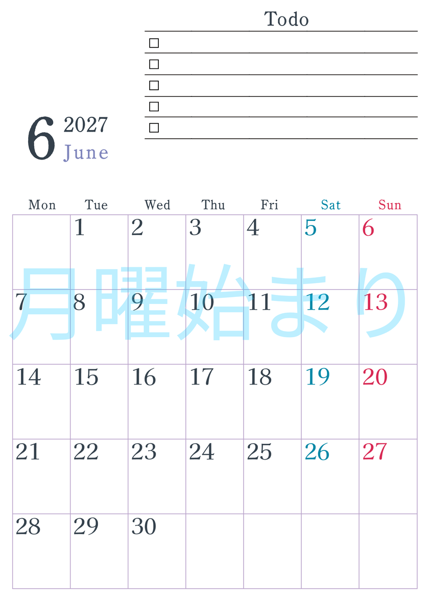 2027年6月カレンダーは縦型月曜始まりで使い方はシンプルなToDoリストつき♪無料ダウンロード・A4印刷 【No.202701440611】