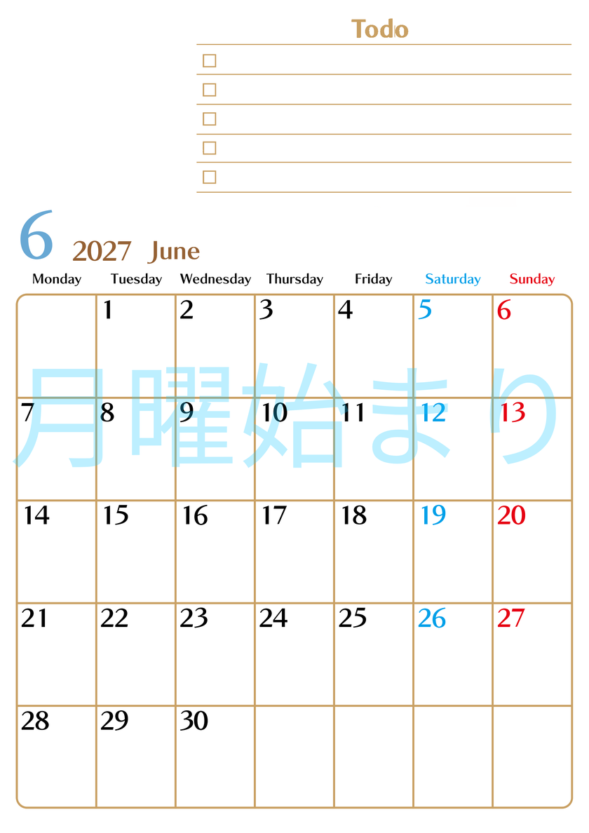 カレンダー2027年6月は縦型月曜始まりでToDoリストもあるのでスケジュール計画がしやすい：無料 【No.202701460611】