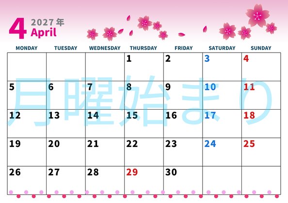0001-2027年4月カレンダー 横型・月曜始まり
