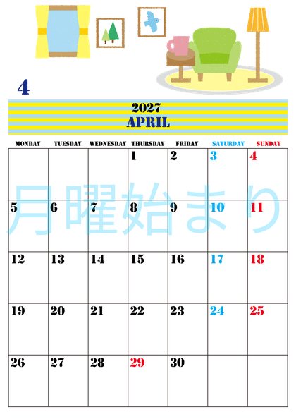 0003-2027年4月カレンダー 縦型・月曜始まり