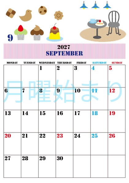 0003-2027年9月カレンダー 縦型・月曜始まり