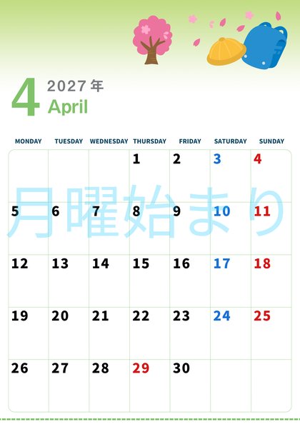 0004-2027年4月カレンダー 縦型・月曜始まり