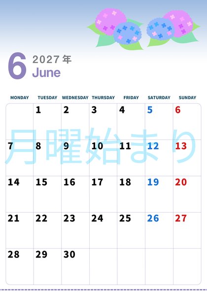 0004-2027年6月カレンダー 縦型・月曜始まり