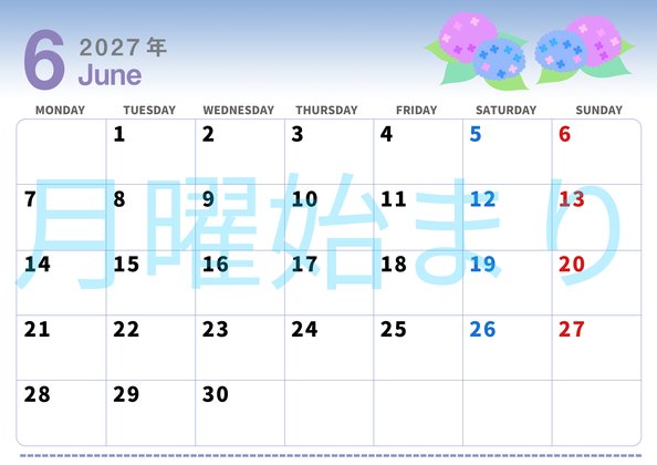 0004-2027年6月カレンダー 横型・月曜始まり